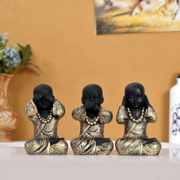 Set of 3 Baby BUddha Monk Decorative Showpiece - (Polyresin, Gold, Black)
