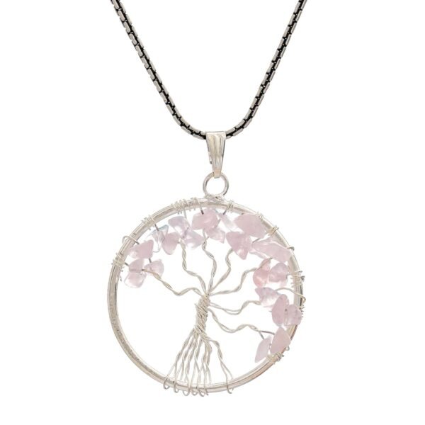 Rose Quartz Pendant Tree of Life Crystal Stone Pendant Locket with Metal Chain for  Healing Crystal Healing Gemstone Size 35-40 mm rose quarts