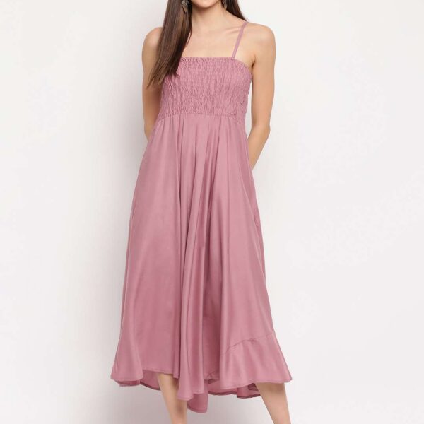 Women's Viscose Rayon Solid Shoulder Straps Sleeveless Flared Gown Drees (MAUVE)