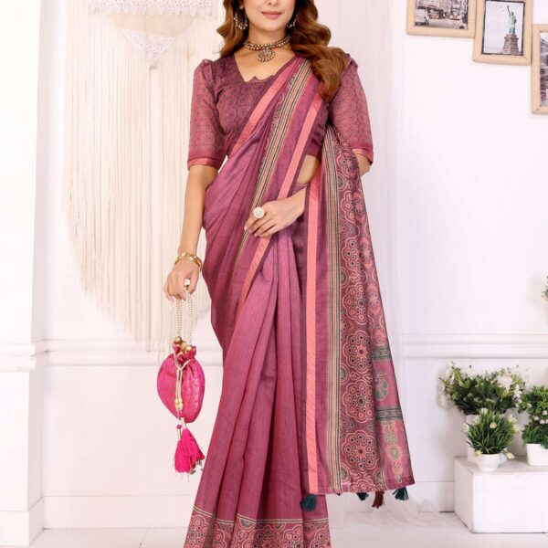 Rosewood Elegance Chanderi Saree with Ethnic Motif Border & Tassels ? Festive & Wedding Wear