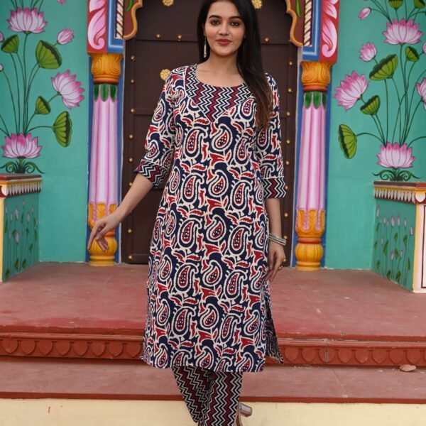 Navy Blue & Red Paisley Print Cotton Kurta Set with Zig-Zag Pants for Women