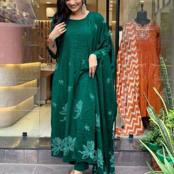 Women's Cotton Embroidery Floral Printed Long Straight Kurti With Pant And Dupatta Set