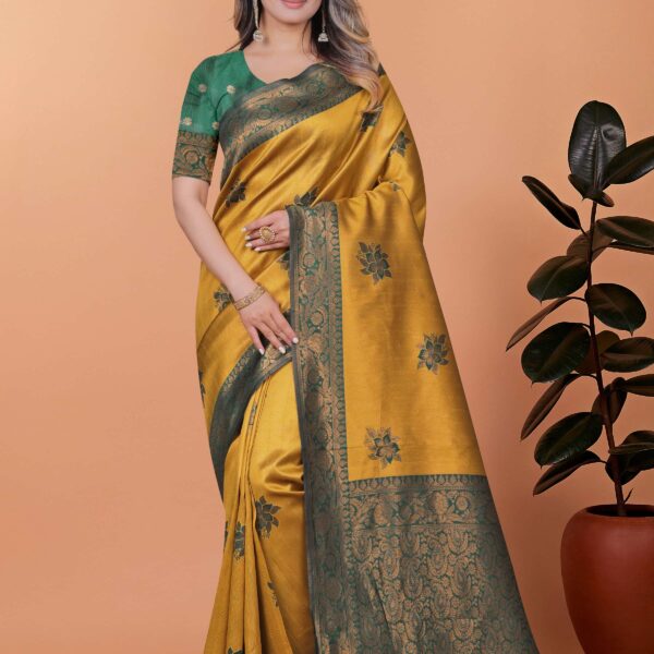 Golden Mustard Banarasi Silk Saree with Bottle Green Floral Accents & Blouse | Wedding, Haldi, Festive & Party Wear