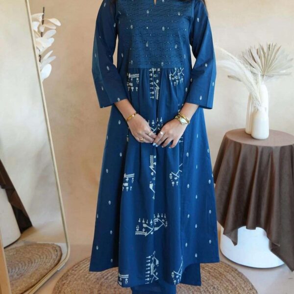 Women's Cotton Embroidered Anarkali Kurti With Pant Set