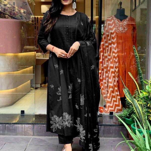 Women's Cotton Embroidery Floral Printed Long Straight Kurti With Pant And Dupatta Set