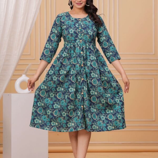 Teal Blue Floral Printed A-Line Midi Dress with Wooden Buttons & 3/4 Sleeves ? Casual & Party Wear