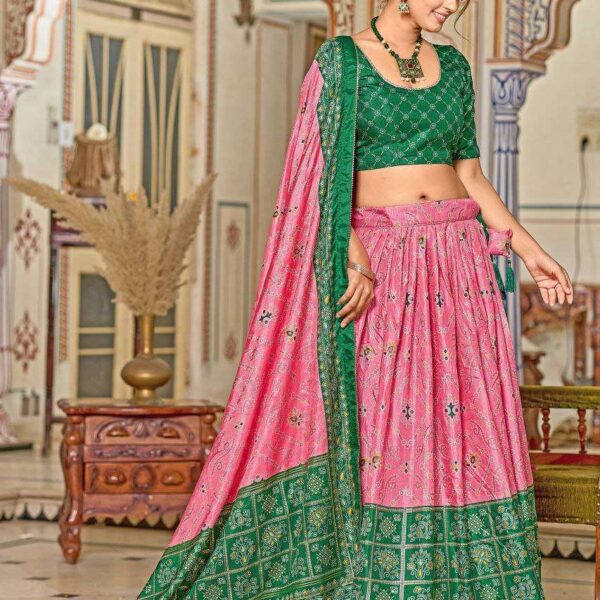 Pink Dola Silk Lehenga Choli with Green Blouse & Minakari Foil Print | Wedding & Festive Wear