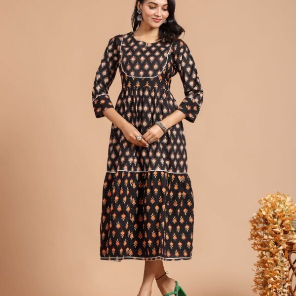 Black Floral Printed A-Line Midi Dress with 3/4th Sleeves ? Elegant Casual & Party Wear