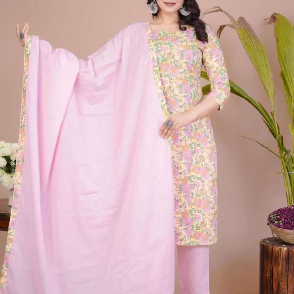 Women's Pink Cotton Printed Straight Kurti with Pant & Dupatta Set