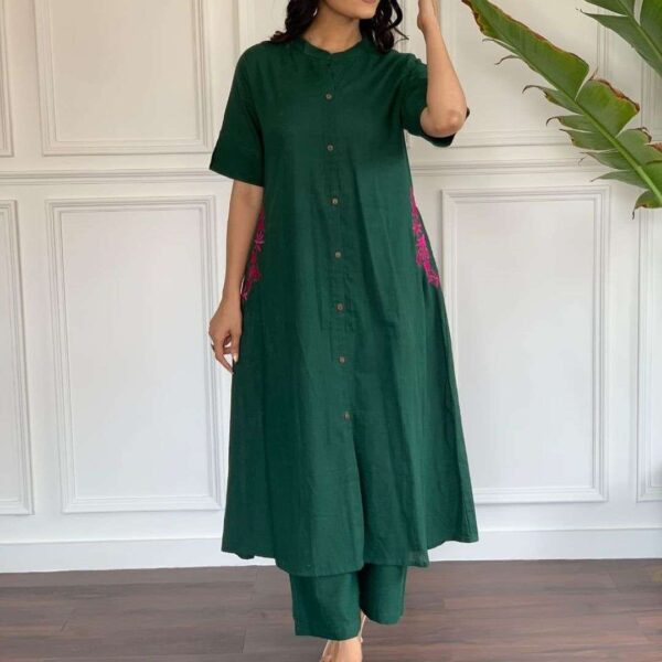 Women's Cotton Embroiderd Long A-Line Kurti with Palazzo