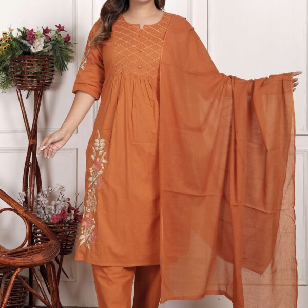 Women's Cotton Embroidered Straight Kurti With Pant and Dupatta Set (Orange)