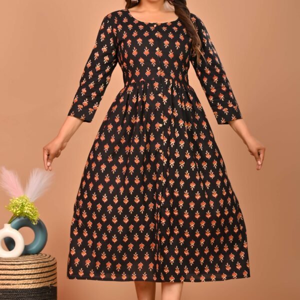 Black Floral Printed A-Line Midi Dress with 3/4th Sleeves ? Elegant Casual & Party Wear