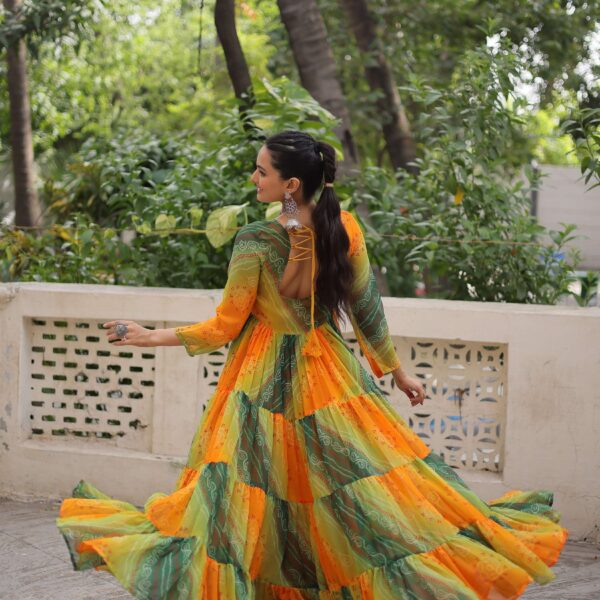 Yellow Designer Laheriya & Bandhej Print Navratri Gown with Kutchi Patch Work in Faux Georgette ? Elegant Festive Wear for Women