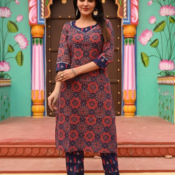 Navy Blue Cotton Kurta Set for Women ? Red Mandala Print with Contrast Pants