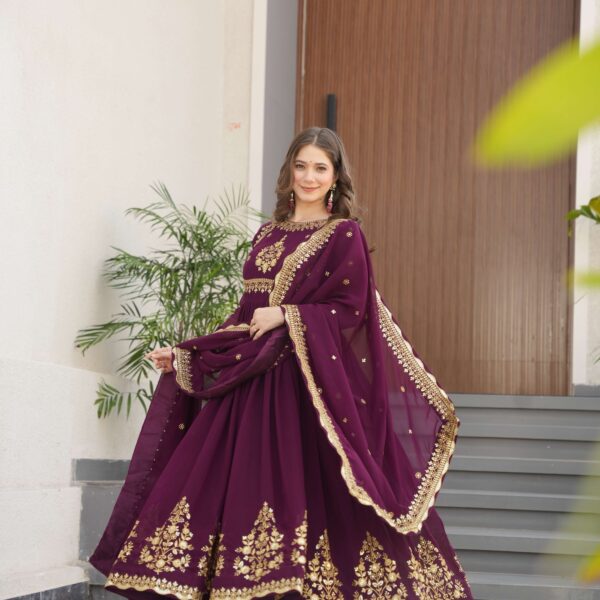 Wine Premium Designer Gown with Dupatta ? Zari & Sequins Embroidery