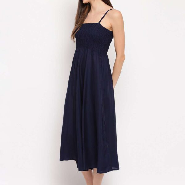 Women's Viscose Rayon Solid Shoulder Straps Sleeveless Flared Gown Drees (Dark Blue)