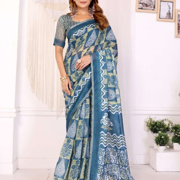 Stylish Blue Chanderi Saree with Leaf & Abstract Digital Print ? Modern Ethnic Elegance