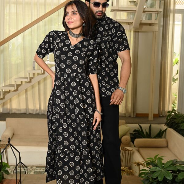 Couple Matching Black Cotton Anarkali Midi Dress and Shirt Set ? Vertical Vine Block Print