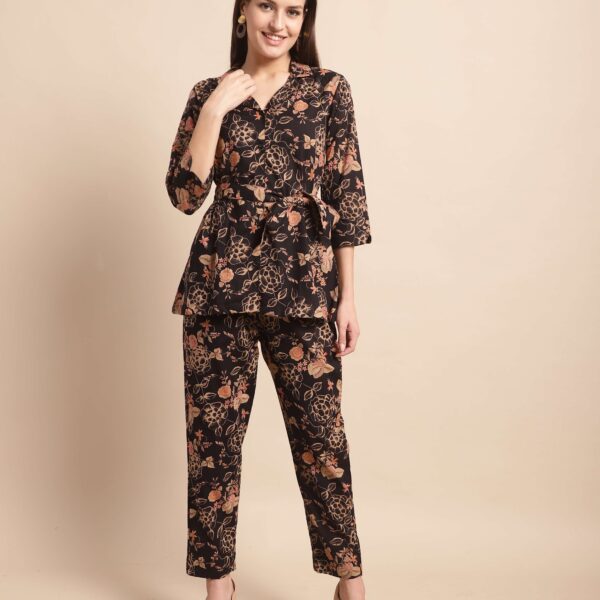 Women's Pure Cotton Printed Collared Top and Pant Co-ord Set (Black)
