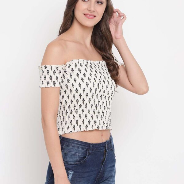 Women's Rayon Printed Off-Shoulder Smocked Crop Top Short Sleeve Casual Styles Tank Top (FREE SIZE) Multi36