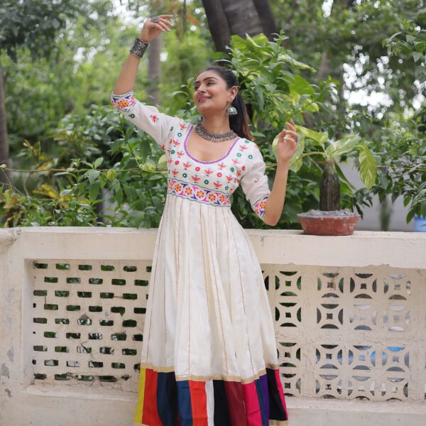 White Navratri Gown with Multicolour Thread Embroidery & Gota Lace ? Elegant Festive Wear for Women
