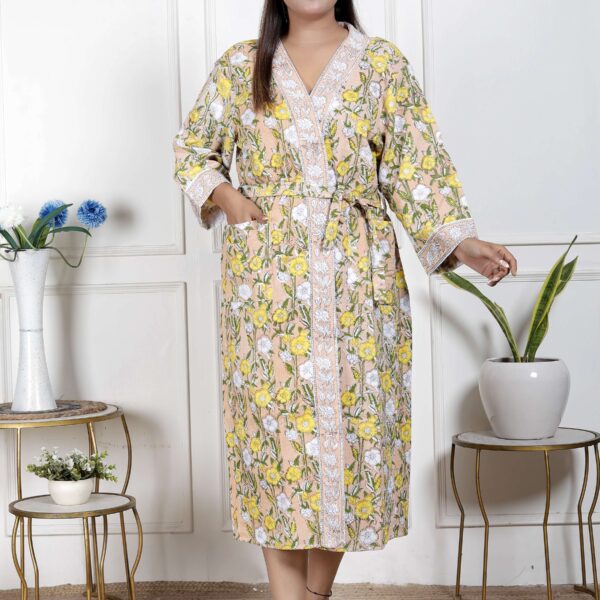 Handcrafted Cotton Block Printed Long Robe | Comfortable Loungewear & Bathrobe for Women