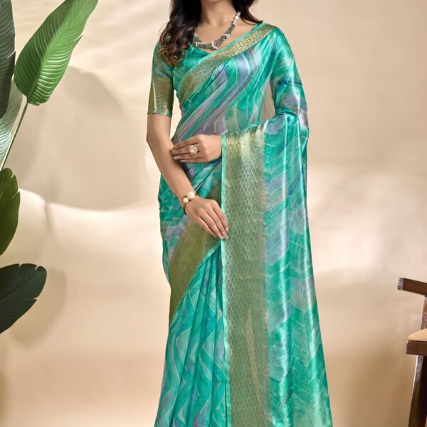 Sea Green Soft Silk Blend Saree with Subtle Wave Print & Zari Border