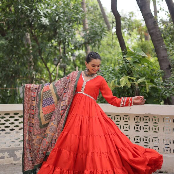 Fanta Gown with Dupatta ? Frill Stitching & Mirror Lace Work Ethnic Set for Women