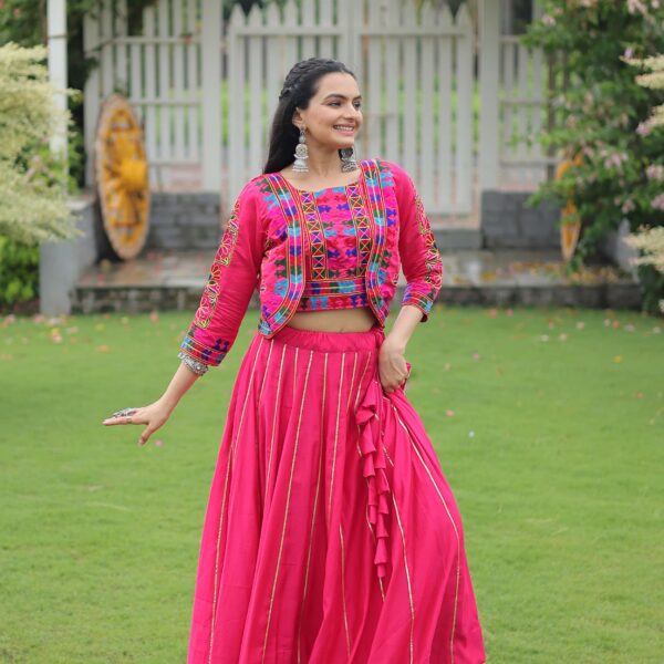 Vibrant Roman Fabric Navratri Lehenga Choli Set with Koti Blouse