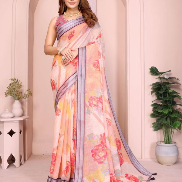Peach Linen Cotton Saree with Vibrant Floral Prints & Striped Tassel Border