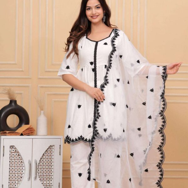 Women's Cotton Embroidery Work Straight Kurti with pant and Dupatta Set