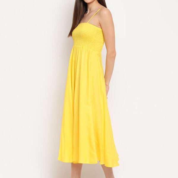 Women's Viscose Rayon Solid Shoulder Straps Sleeveless Flared Gown Drees (Yellow)
