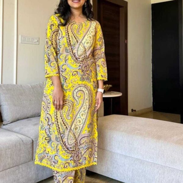 Women's Cotton Printed Straight Kurti with Pant Two Piece Co-ord Set