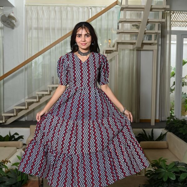 Multicolor Zigzag Printed Cotton Maxi Dress with Puff Sleeves Trendy Casual & Party Wear