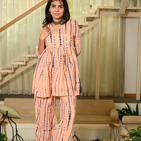 Peach Printed Block Print Cotton Co-ord Set for Women ? Peplum Kurta with Straight Pants