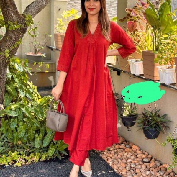 Women's Cotton Plain Coard set A-Line Straight Kurti With Pant