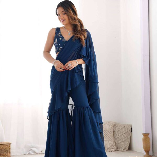 Women's Pure Romansilk Chanderi Embroidered Crop Top With Ruffled Sharara & Draped Dupatta Set