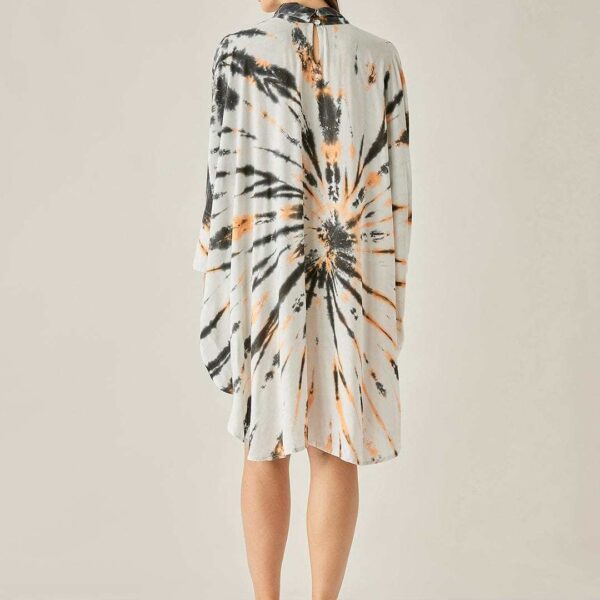Women's Cotton Tie Dye Print Knee Length Mock Neck, Long Sleeve Kaftan Drees ( Black White )