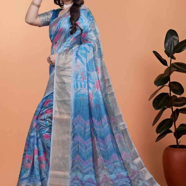 Sky Blue Floral Printed Soft Silk Saree with Zari Border