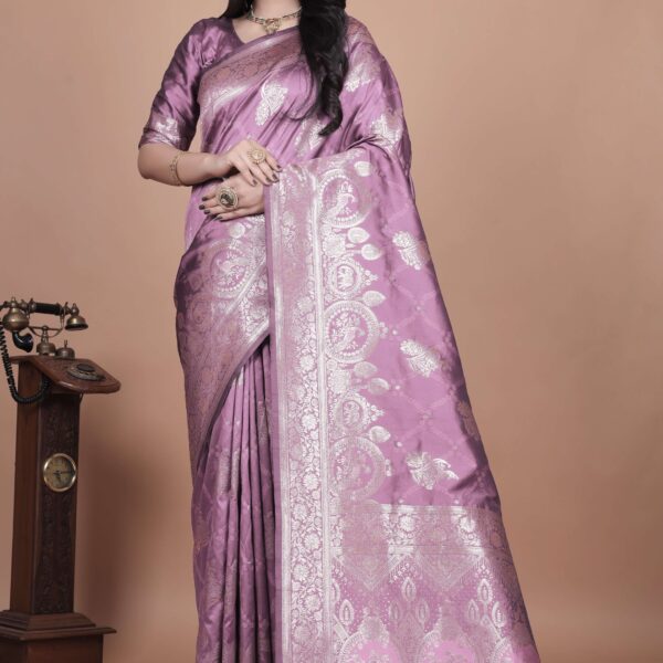 Lavender Banarasi Silk Saree with Silver Zari | Floral & Paisley Motifs | Wedding, Festive & Traditional Wear