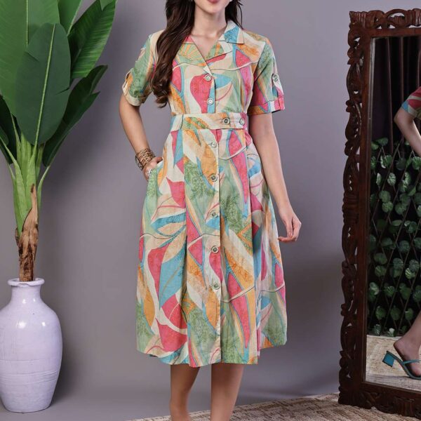 Women's Pastel Abstract Print Button-Down Cotton Midi Dress