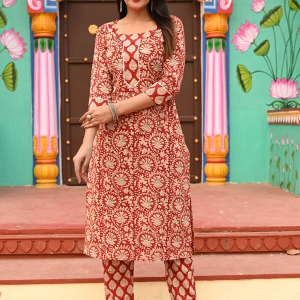 Women?s Red Cotton Printed Kurta Set with Pants ? Stylish Ethnic Daily Wear
