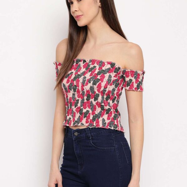 Women's Rayon Printed Off-Shoulder Smocked Crop Top Short Sleeve Casual Styles Tank Top (FREE SIZE) Multi35