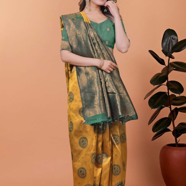 Golden Glow Banarasi Silk Saree with Peacock Zari Motifs & Deep Green Pallu | Wedding, Festive, Traditional Ethnic Wear