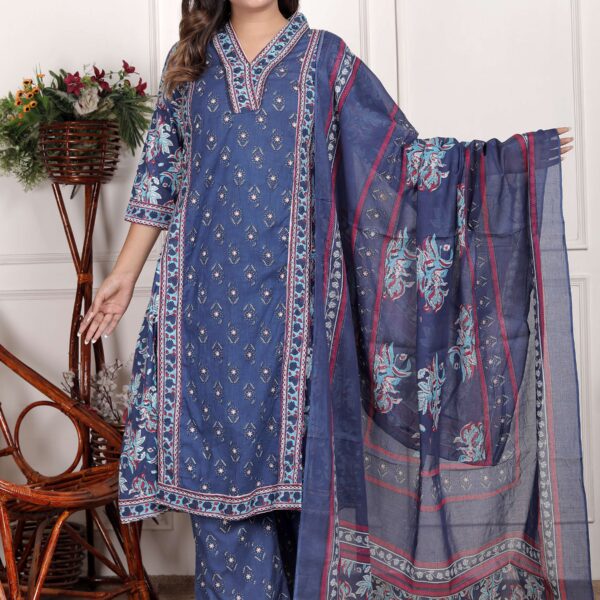 Women's Cotton Printed Straight Kurti With Pant and Dupatta Set (Navy Blue)