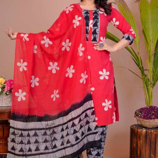 Women's Red Cotton Printed Straight Kurti with Pant & Dupatta Set