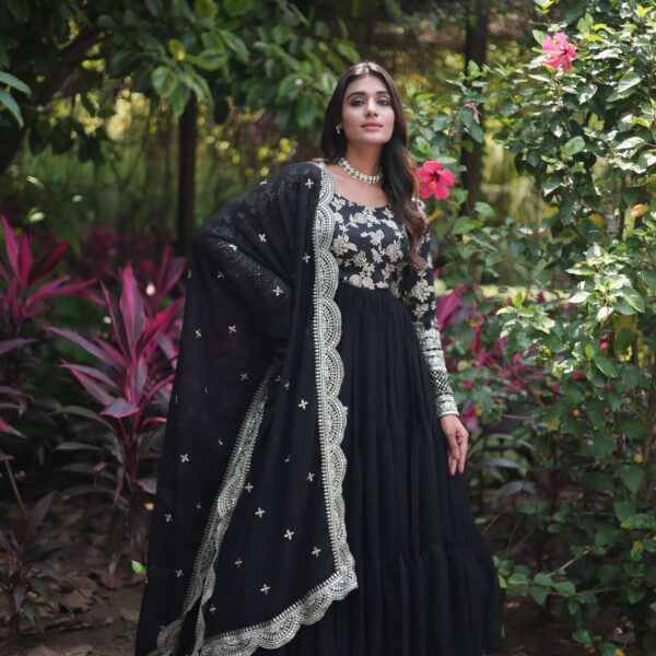 Black Faux Blooming Designer Gown with Sequined Dupatta ? Fully Flared Ready-to-Wear Set
