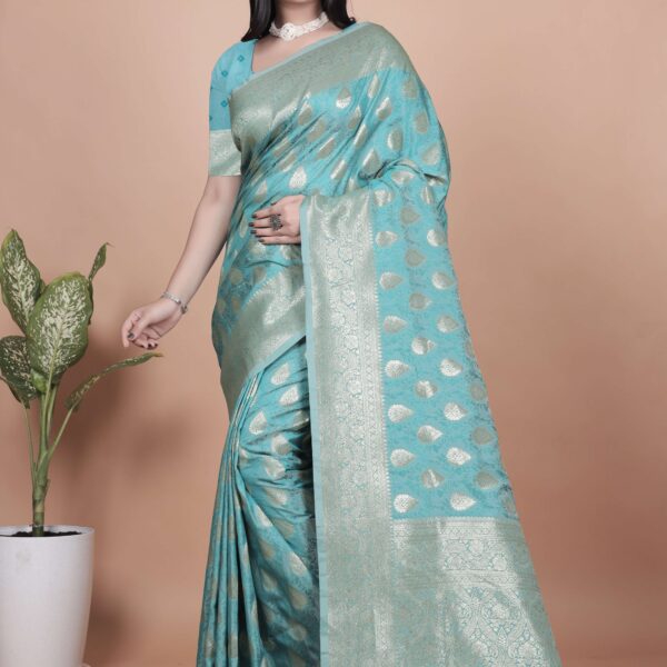 Sky Blue Banarasi Silk Saree with Silver Zari Butti | Ornate Pallu & Border | Wedding, Festive & Traditional Wear