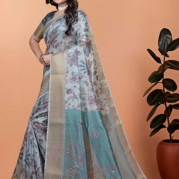 Pastel Blue & Teal Soft Silk Saree with Floral Weaving
