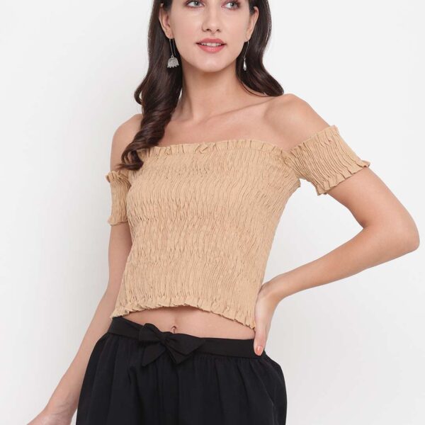 Women's Rayon Solid Off-Shoulder Smocked Crop Top Short Sleeve Casual Styles Tank Top (FREE SIZE) Multi17